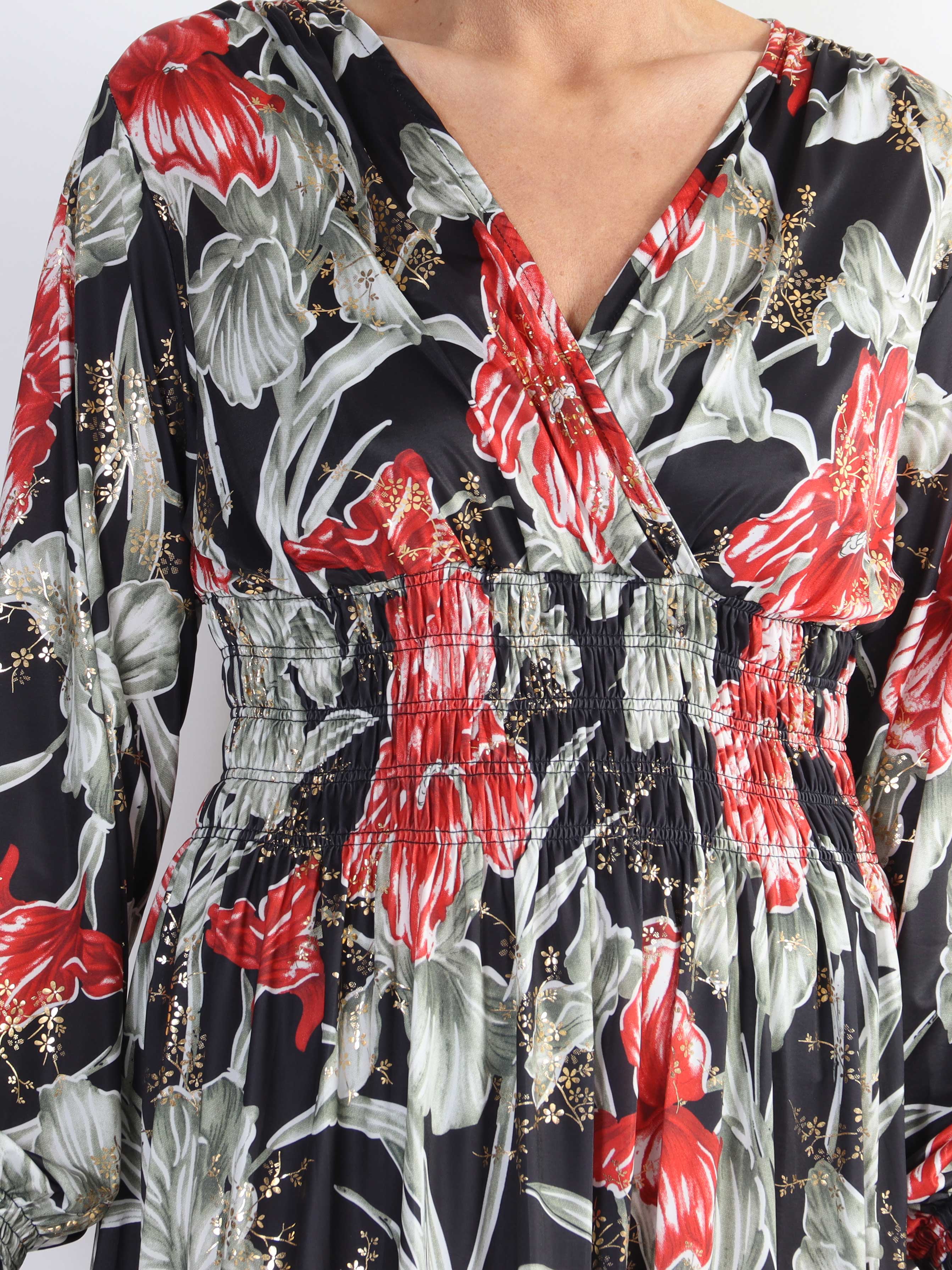 Pams Flower Short L/S - Elastisk mönstrad plus size-klänning i skrynkelfritt tyg